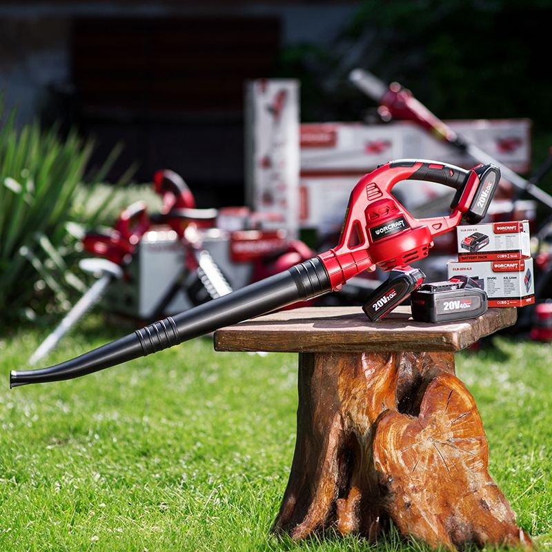 Аккумуляторный воздуходув WORCRAFT CLB-S20Li на пне, на фоне — садовая техника WORCRAFT.