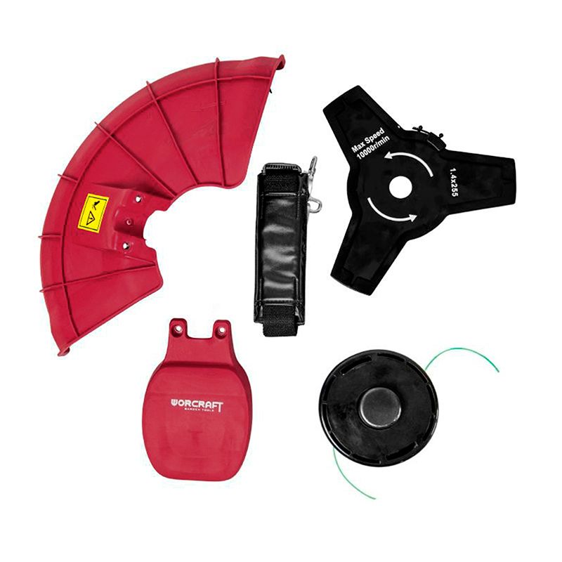 Комплект принадлежностей для триммера WORCRAFT CGT‑S20LiB: нож, шпулька, защитные элементы.