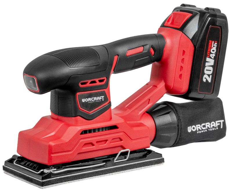 Аккумуляторная вибрационная шлифмашина WORCRAFT CFS-S20Li с аккумулятором, на белом фоне.