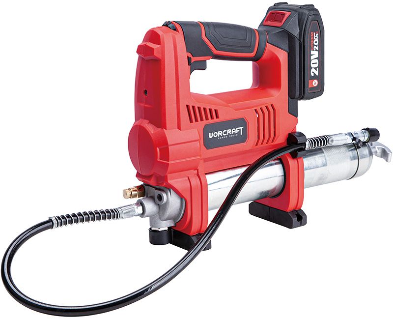 Аккумуляторный шприц для смазки WORCRAFT CGG-S20Li с установленным аккумулятором