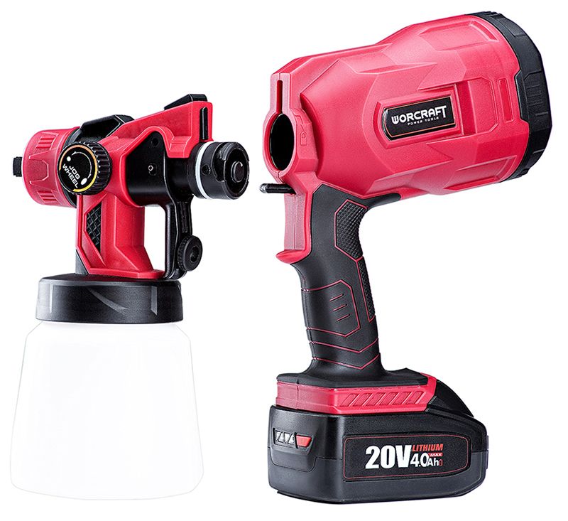 Аккумуляторный краскопульт WORCRAFT CSG-S20Li с установленной емкостью для краски.