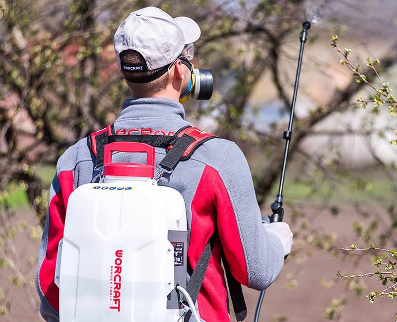 Человек использует аккумуляторный опрыскиватель WORCRAFT CBS-S20LI для обработки деревьев.