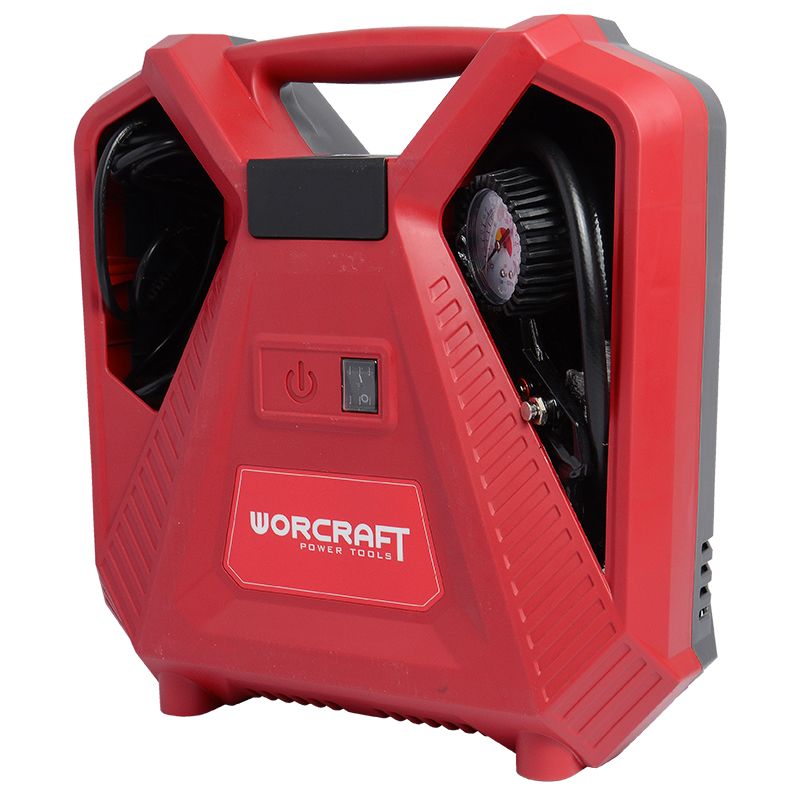 Электрический компрессор WORCRAFT PAC11-180 в закрытом корпусе, вид сбоку.