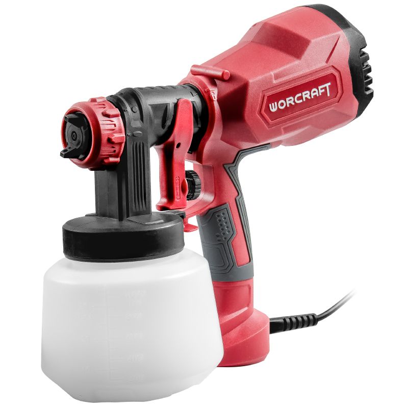 Электрический краскопульт WORCRAFT SG04-1000 в профиль с надетым бачком.