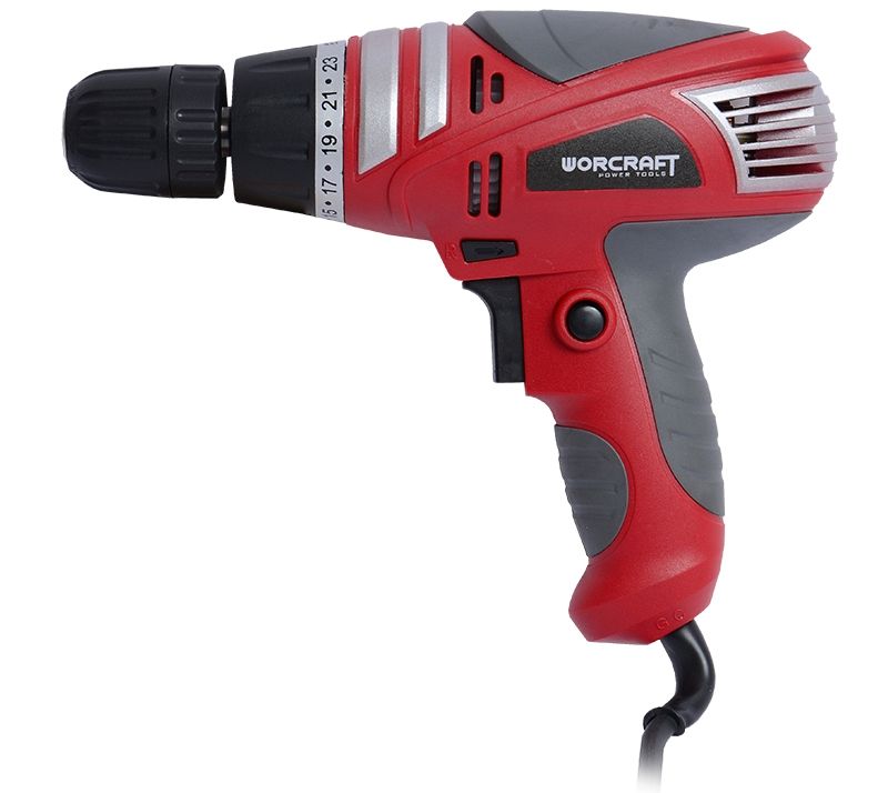 Электрический шуруповерт WORCRAFT ED-280 — вид сбоку с кабелем и прорезиненной рукояткой.