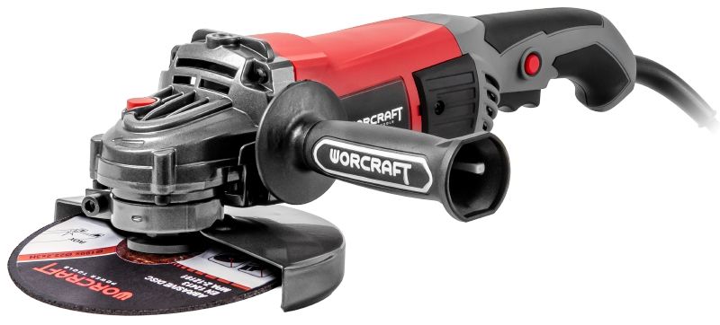 Угловая шлифмашина WORCRAFT AG18-180 с боковой ручкой и установленным шлифовальным диском.