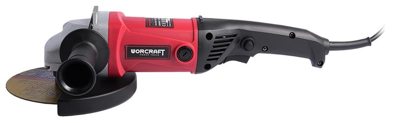Угловая шлифмашина WORCRAFT WAG18-180 — боковой вид с установленным диском и длинной рукояткой.
