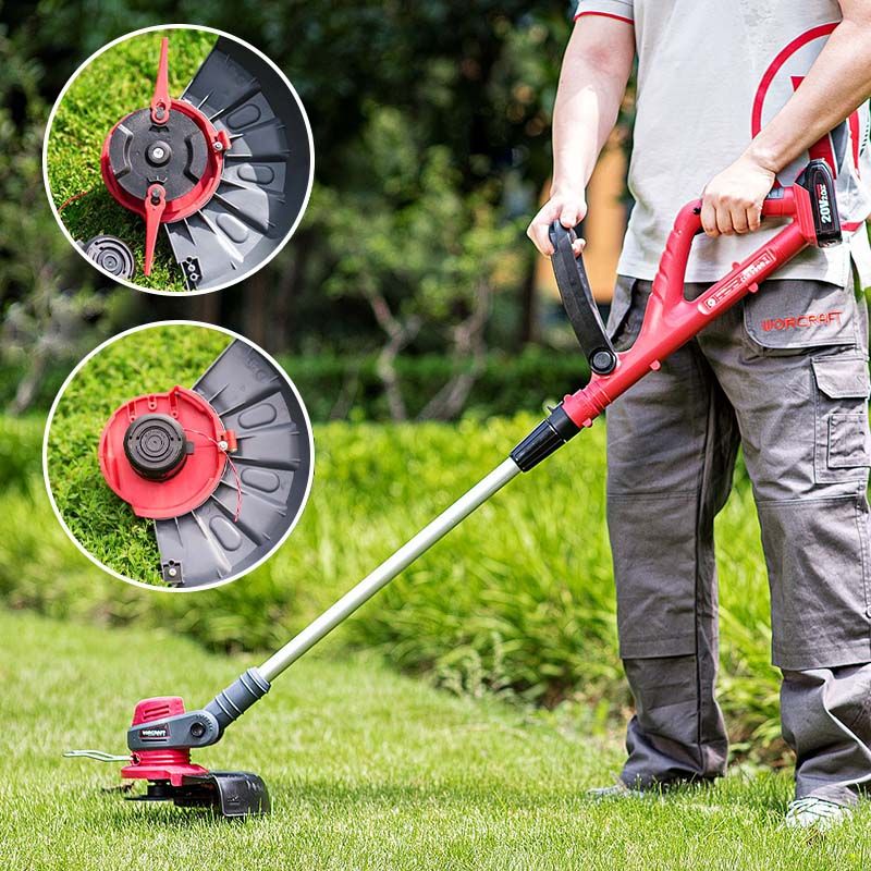 Человек стрижёт траву триммером