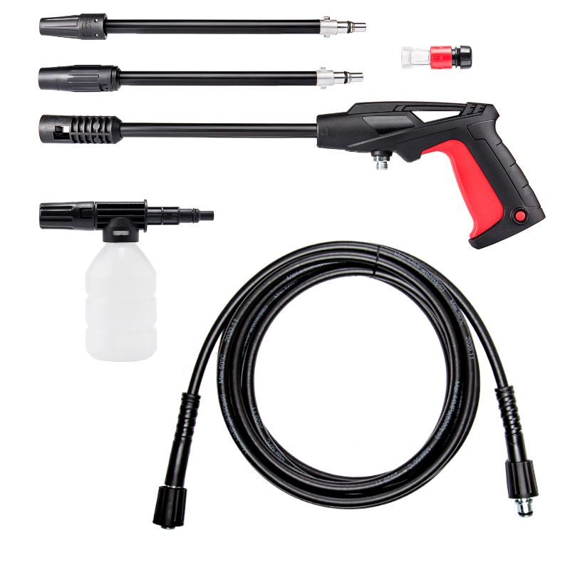Комплектация мойки высокого давления WORCRAFT HC16-90: шланг, пистолет, насадки, пеногенератор.