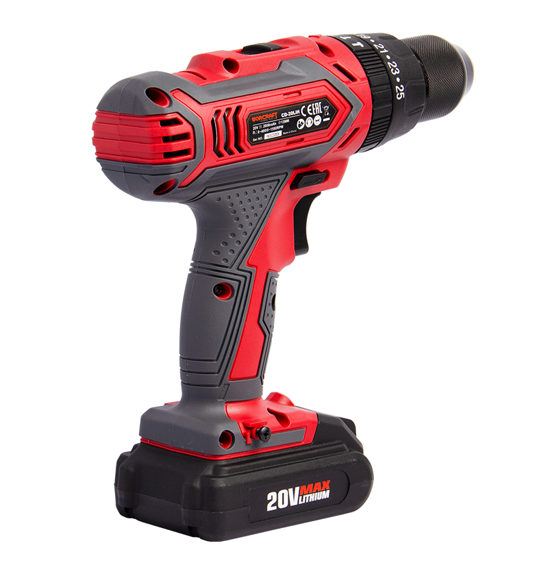 Вид ззаду на шуруповерт WORCRAFT CD-20LiH з акумулятором.