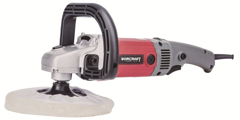 Электрическая полировальная машина WORCRAFT CP12-180 с войлочным диском и передней D-образной рукояткой.