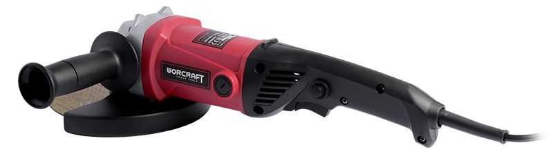 Угловая шлифмашина WORCRAFT WAG18-180 лежит на боку — хорошо виден корпус и кожух.