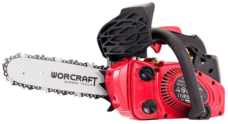 Бічний вигляд бензопили WORCRAFT GCS26-10 на білому фоні.