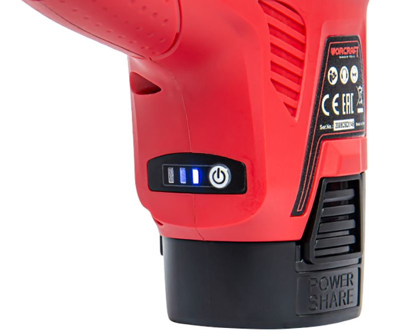 Индикатор заряда аккумулятора на корпусе секатора WORCRAFT CSC-16LiB.