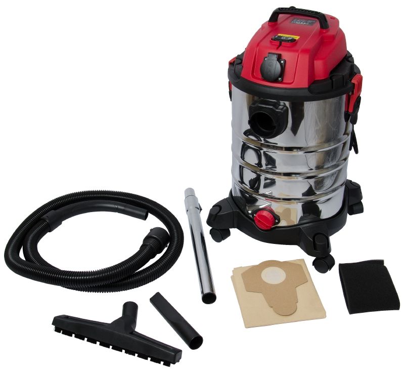 Комплект строительного пылесоса WORCRAFT VC16-30: пылесос, шланг, насадки, мешки и аксессуары.