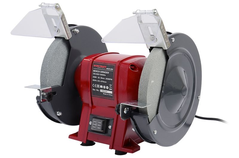 Вид сзади на заточной станок WORCRAFT BG25-200, показывающий техническую маркировку.