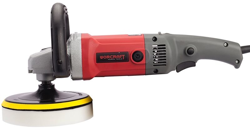 Вид сбоку на полировальную машину WORCRAFT CP12-180 с жёлтым полировальным кругом.