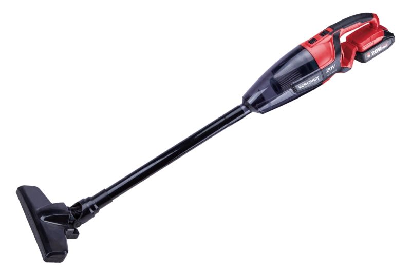 Загальний вигляд ручного пилососа WORCRAFT CPVC-S20LiA з подовжувальною трубкою та щіткою.