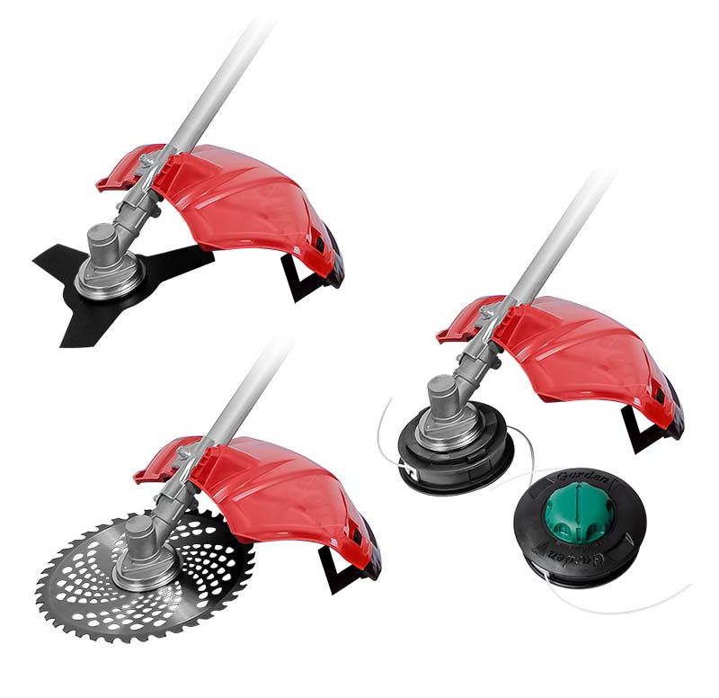 Насадки для мотокоси WORCRAFT: ніж, диск та котушка з волосінню.