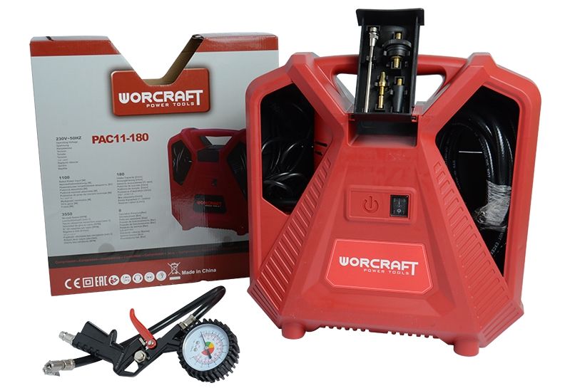 Комплект поставки WORCRAFT PAC11-180 с коробкой, компрессором и аксессуарами.