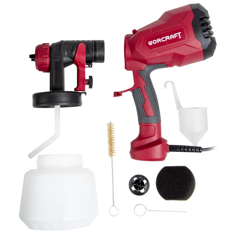 Комплектация краскопульта WORCRAFT SG04-1000: корпус, насадки, бачок и аксессуары.