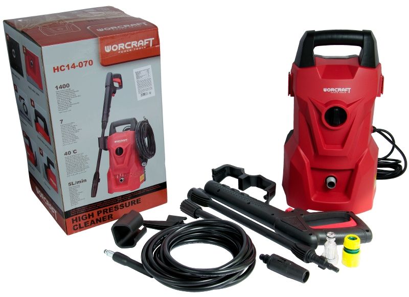 Полный комплект мойки WORCRAFT HC14-070 с коробкой, шлангом, насадками и пистолетом.