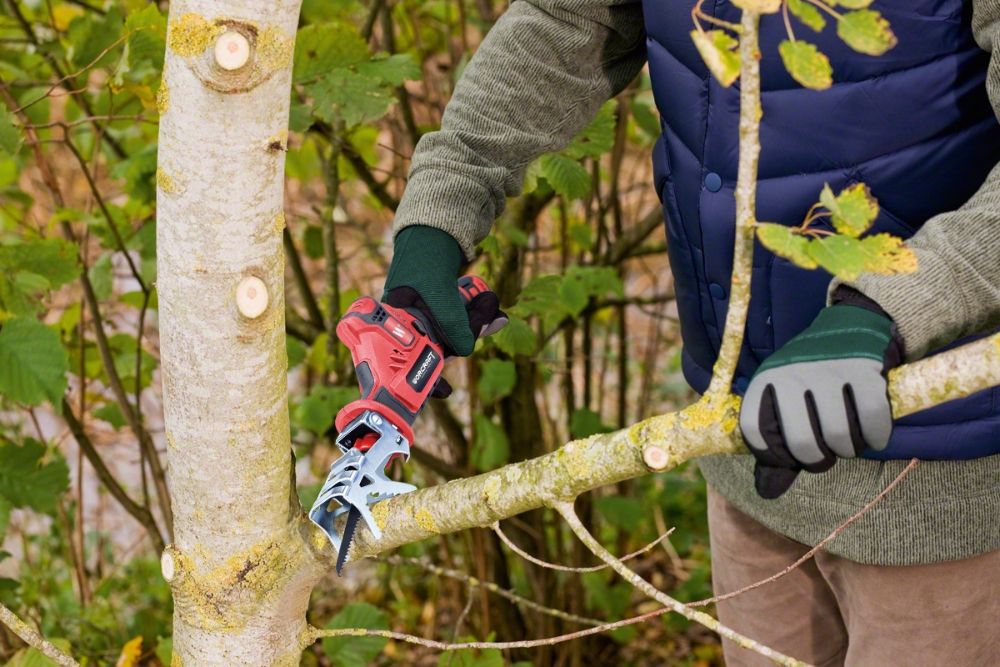 Обрізання товстої гілки на вулиці за допомогою WORCRAFT CSS-12Li.