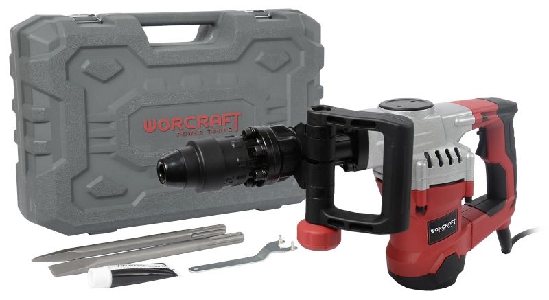 Комплектация молотка отбойного WORCRAFT DB13-15 с кейсом и насадками.