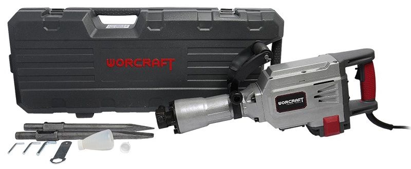 Комплект поставки отбойного молотка WORCRAFT RB16-45H с кейсом, зубилами и аксессуарами.