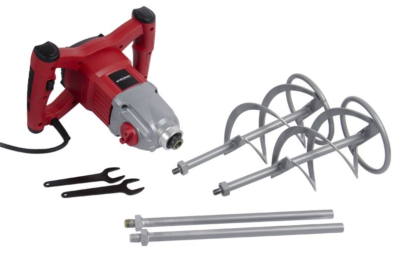 Набір з міксера WORCRAFT EM14-140 і двох мішалок, комплектуючими та ключами на білому фоні.