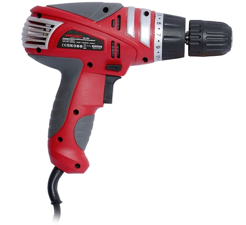 Электрический шуруповерт WORCRAFT ED-280 — вид с правой стороны, показана маркировка.