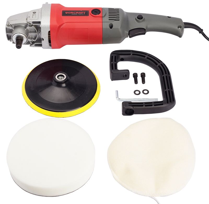 Комплектация полировальной машины WORCRAFT CP12-180 — корпус, рукоятка, диск и насадки.
