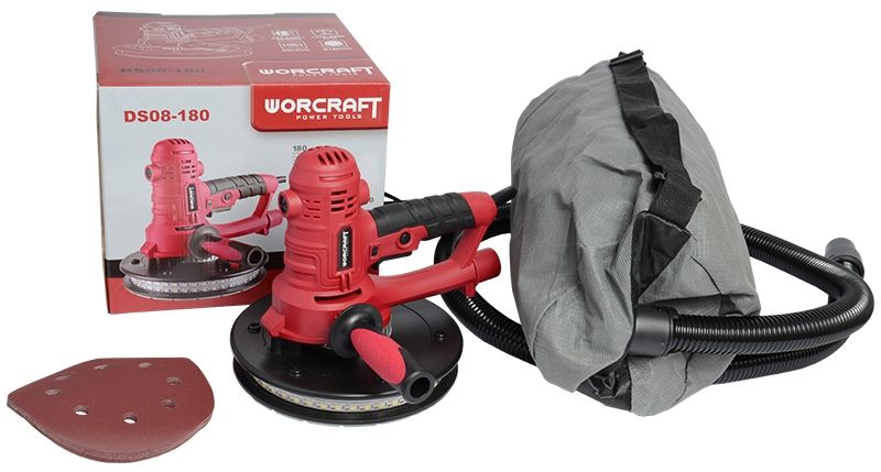 Комплект WORCRAFT DS08-180: шлифовальная машина, шланг, мешок, абразив и упаковка.