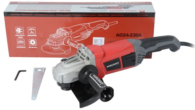 Комплект WORCRAFT AG24-230A: шлифмашина, коробка, боковая ручка, ключ и шестигранник.