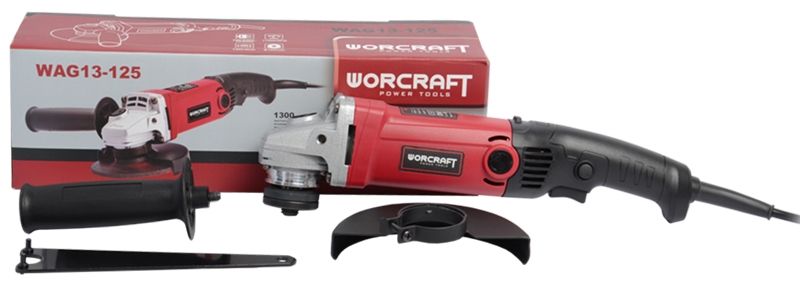 Комплект WORCRAFT WAG13-125: угловая шлифмашина, коробка, защитный кожух и ключ.