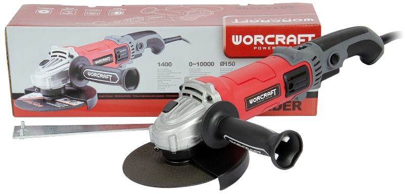 Комплект WORCRAFT AG14-150S: угловая шлифмашина, коробка и ключ для замены диска.