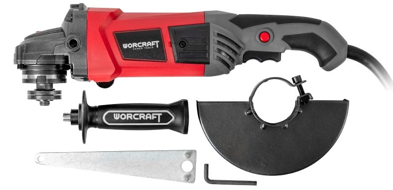 Комплект WORCRAFT AG18-180: угловая шлифмашина, защитный кожух, ручка, ключ и шестигранник.