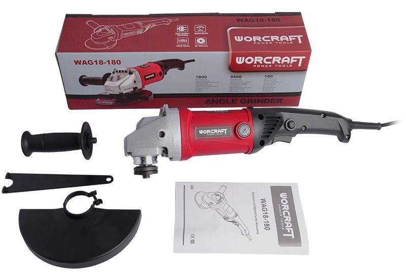 Комплект WORCRAFT WAG18-180: угловая шлифмашина, защитный кожух, ручка, ключ и руководство пользователя.