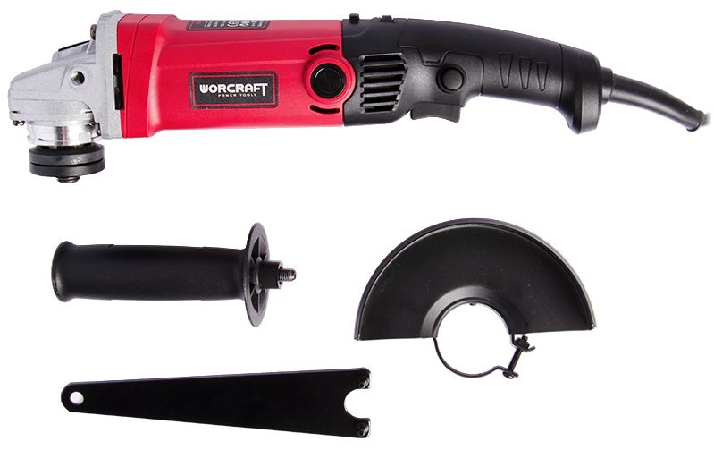 Комплектация шлифмашины WORCRAFT WAG13-125V: инструмент, ручка, защитный кожух и ключ.