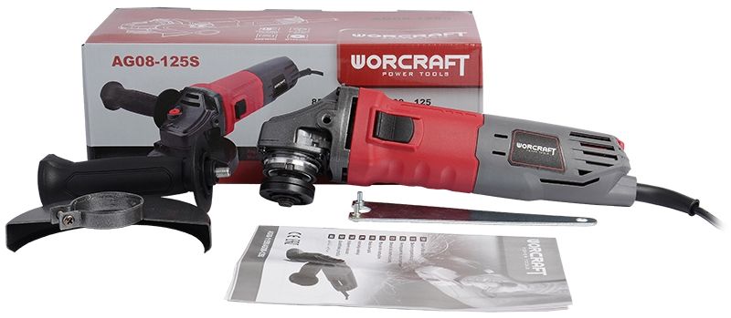 Комплект угловой шлифмашины WORCRAFT AG08-125S с коробкой, дополнительной ручкой, ключом и инструкцией.