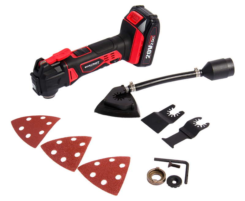 Комплектация WORCRAFT CMT-S20Li — реноватор, шлифовальные листы и насадки.