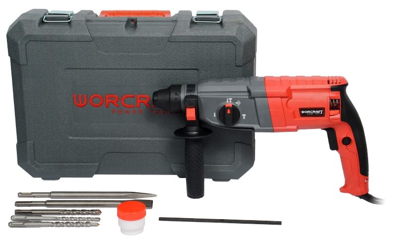 Перфоратор WORCRAFT RH09-26B в комплекте с кейсом, насадками и смазкой.