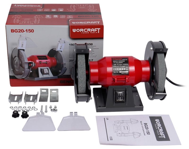 Комплект поставки заточного станка WORCRAFT BG20-150 с коробкой и аксессуарами.