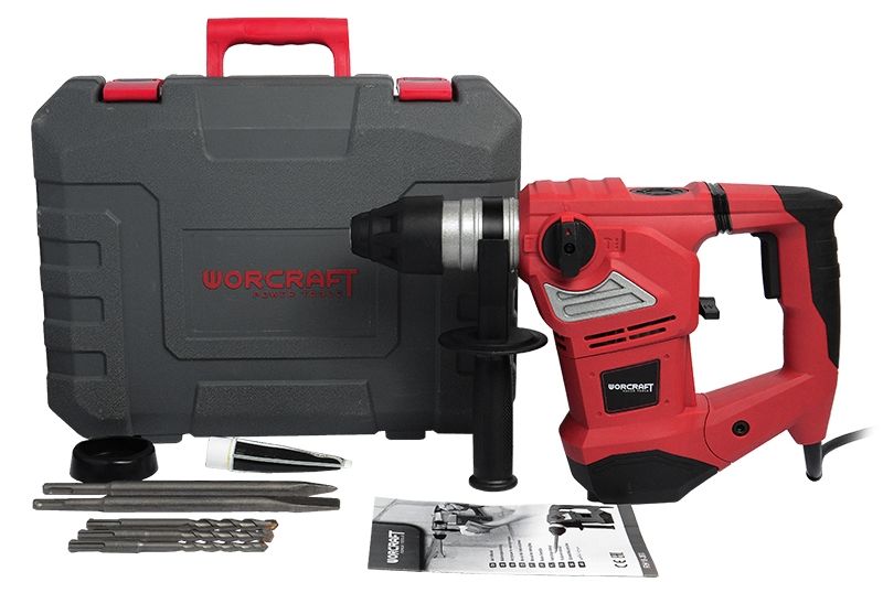 Комплект поставки перфоратора WORCRAFT RH18-38X: кейс, буры, пики и документация.