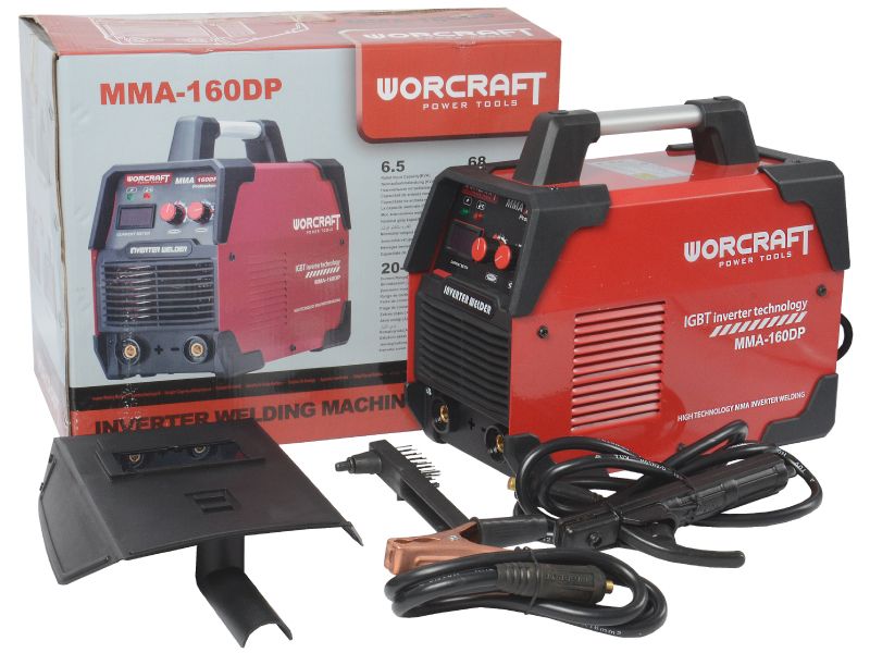 Сварочный аппарат WORCRAFT MMA-160DP в комплекте с упаковкой, маской и кабелями.