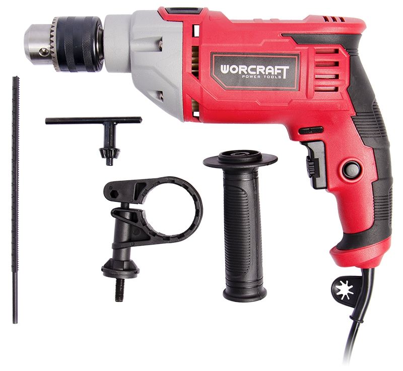 Комплект поставки дрели WORCRAFT WID-1300: инструмент, ключ, рукоятка и ограничитель глубины.