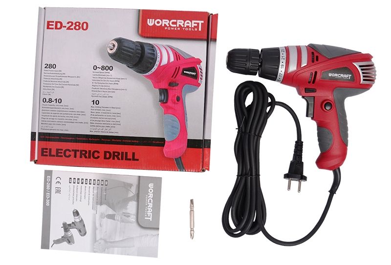 Комплект WORCRAFT ED-280: шуруповерт, коробка, кабель питания, инструкция и насадка.