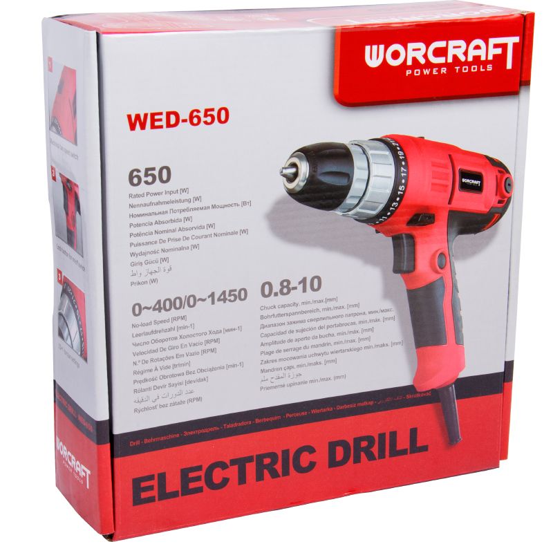 Упаковка електричного шуруповерта WORCRAFT WED-650 з зображенням моделі та характеристиками.