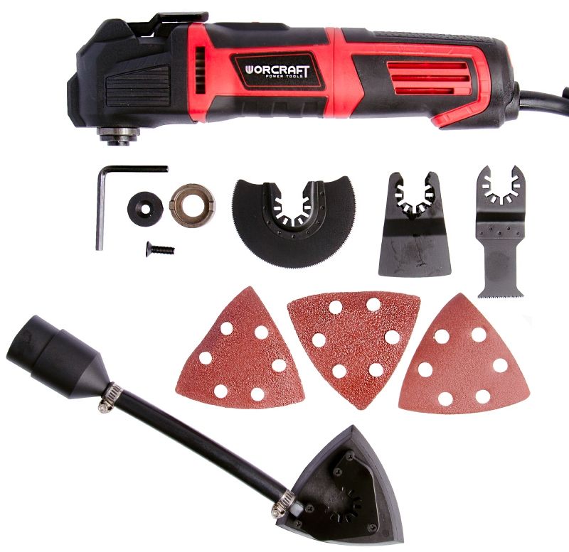 Комплектація WORCRAFT MF-300A: насадки, шліфпапір і сам інструмент.
