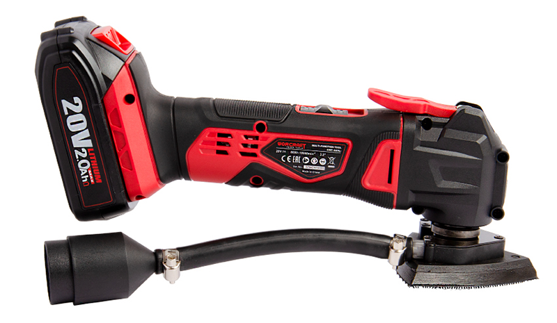 WORCRAFT CMT-S20Li с установленной шлифовальной насадкой и гибким адаптером.